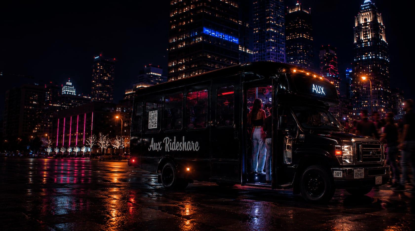 AUX Rideshare bus at night